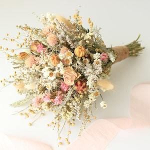 Pink Dream Peach Dried Flowers Bouquet / Preserved Daisy Rose Flowers Bouquet / Wedding Bridal bouquet / Preserved silver grey herbs Natural - Flowerhint