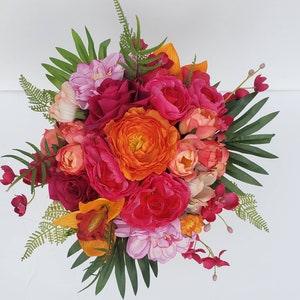 Orange and Fuschia Bridal Bouquet, Tropical Wedding, Orange Peony, Magenta Carnations, Ranunculus, Fern, Destination Wedding, Beach, Summer - Flowerhint