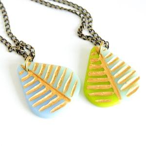 Leaf Necklace, plant lover statement necklace, fused glass pendant necklace in blue, green w/ gold, boho layering necklace, handmade jewelry - Flowerhint