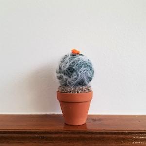 Georgiana 1 - Round Fluffy Crochet Cactus - Crochet Cactus, Fake Cactus, Fluffy Plant, Dark Green with Flower Cactus - Ready to Ship - Flowerhint