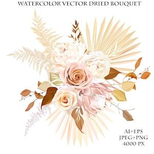 Trendy dried palm leaves, blush pink rose, pale protea, white ranunculus, pampas grass vector design wedding bouquet. Trendy boho flowers. - Flowerhint