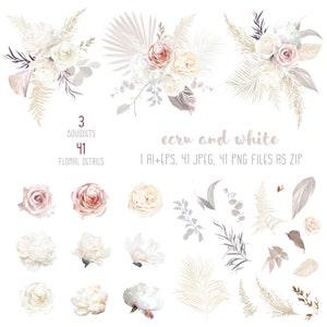 Ecru, white, blush pink rose, pale ranunculus, peony, magnolia, hydrangea, pampas grass, dried palm vector design big set. Beige, gold - Flowerhint