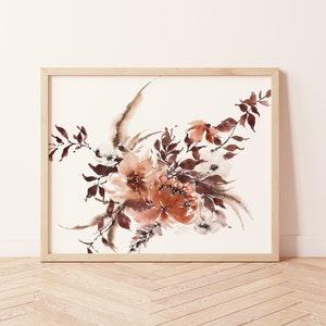 Boho Wall Decor | Watercolor Dried Floral Pampas Rust Burgundy | Peony Wildflower Wedding Bouquet Physical Print | Bohemian Home Bedroom - Flowerhint