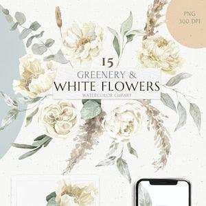 White Peony Flower, Greenery, Pampas Grass Floral clipart set. Watercolor Boho design elements PNG. Eucalyptus clip art. Wedding Invite logo - Flowerhint