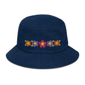 Embroidered Daisy Denim Women??s Bucket Hat. Summer sun, shade. Gift for mom, gardening hat, with colorful daisies. - Flowerhint