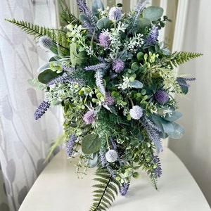 Cascade lavender wildflower bridal bouquet, greenery fern sage eucalyptus cascade wedding bouquet, boho wedding flowers, bridesmaid bouquet - Flowerhint