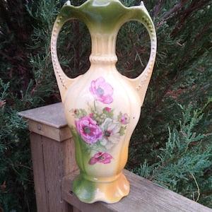 Antique Art Nouveau Porcelain Vase, Art Vase, Pink Flowers, Two Handled, Table Vase Or Flower Vase, Green, Yellow, Cream, White Interior - Flowerhint