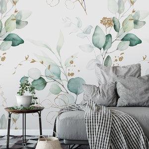 Green Eucalyptus Leaves Peel and Stick Wallpaper - Neutral Nature Removable Wall Decal - Watercolor Botanical Floral Wall Mural CC242 - Flowerhint