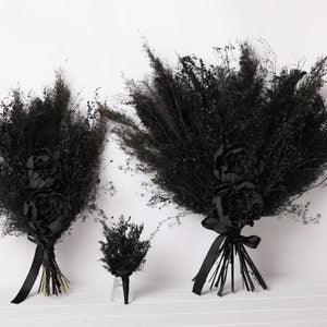Black gothic wildflower bouquet, gothic wedding bouquet with black peonies, lunaria stems, pampas grass, black feathers - Flowerhint