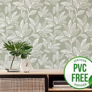 Green leaf wallpaper | Removable Peel and Stick wallpaper or Unpasted wallpaper - PVC-Free | Simple Self-adhesive wallpaper - Flowerhint