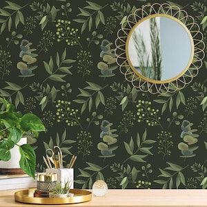 Green Botanical Peel and Stick wallpaper / Dark Removable wallpaper / Green wallpaper - Self-adhesive or Traditional - Flowerhint