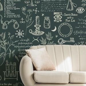 Dark green alchemy motive wallpaper with ravens, bats, plants and mystic symbols* | self-adhesive, removable, peel and stick wall mural - Flowerhint