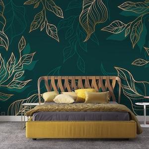 Green And Gold Colors Big Leaves Removable Wallpaper, Exotic Leaf Easy Living Room Wall Mural, Customizable Tropical Wall Mural - Flowerhint