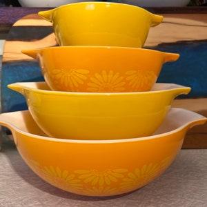 Vintage Pyrex Yellow and Orange Daisy Cinderella Mixing/Nesting Bowls Complete Set of 4 - Flowerhint