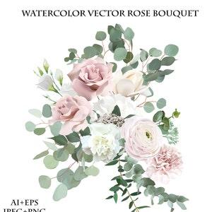 Silver sage green and blush pink flowers vector design bouquet. Dusty rose, white carnation, beige magnolia, ranunculus, eucalyptus - Flowerhint