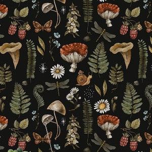 Daisy and Leaf Pattern Wallpaper, Dark Botanical Wallpaper, Mushroom Wallpaper, Forest Wallpaper, Botanical Wallpaper, Dark Green Wallpaper - Flowerhint