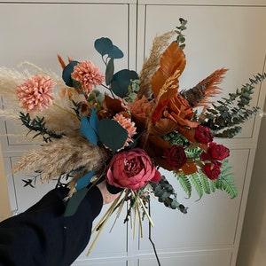 Red and burnt orange artificial flowers wedding bouquet / dried pampas grass and real eucalyptus autumn bridal bouquet - Flowerhint