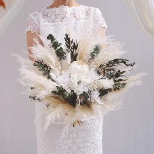 White Peony & Greenery Pampas Grass Bouquet / Eucalyptus wedding bouquet / Bridesmaids bouquet - Flowerhint