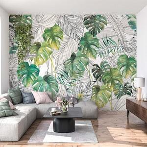 Tropical Wallpaper-Green Leaves Wall Mural-Peel and Stick-Living Room Wallpaper-Bedroom Wall Decor-Trendy Wall Art Design- Custom Size - Flowerhint