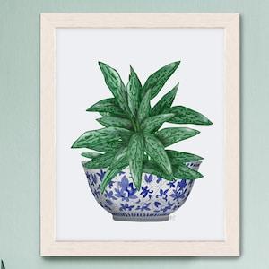 Chinese evergreen plant in blue & white porcelain bowl, Chinoiserie wall art made in UK, Oriental art decor botanical painting - Flowerhint