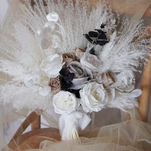 Tan Preserved flower Bouquet, White Pampas Bridal bouquet ,Grey ,Black artificial flowers, boho wedding bouquet, bridesmaid bouquets - Flowerhint