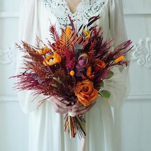 Burgundy Red& Burnt Orange Silk flowers,Bohemian Beige Pampas grass,Wedding/ Bridal flower bouquet,Dried Flowers/Preserved Roses Bouquets - Flowerhint