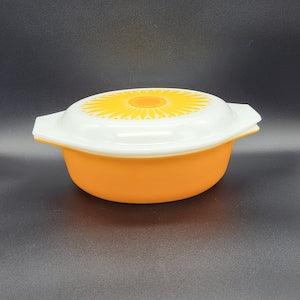 Vintage Pirex Daisy 1.5 Quart Covered Casserole Dish, Sunflower Orange Daisy Opalware - Made in the USA - Flowerhint