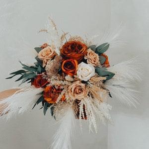 Burnt Orange , pampas grass Bouquets, Bridal Bridesmaids Bouquets,Ivory champagne beige Tan Bouquet, Boho Bouquet, - Flowerhint