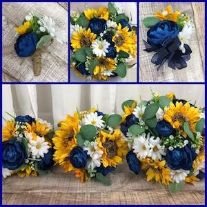 Rustic Sunflower Bridal Bouquet, Daisy Sunflower and Navy Bridal Flowers, Daisy Sunflower Theme Wedding, Navy Garden Wedding Theme - Flowerhint