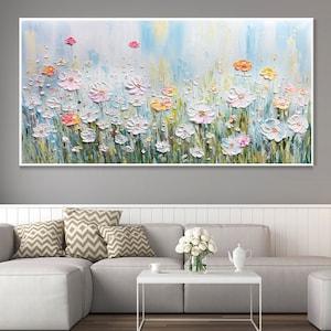 Abstract Green Plants Wall Art, Original White Daisy Canvas Oil Painting, 3D Textured Hand Knife Painting, Blooming Flowers, Spring Decor - Flowerhint