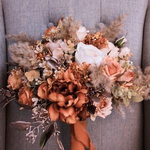 Artificial Terracotta Wedding Bouquet, Burnt Orange Bridal Bouquet, Peony Bouquet, Dried Pampas Bouquet, Bridesmaid Bouquet,Autumnal Bouquet - Flowerhint