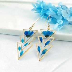 Handmade Triple Triangle Earrings | Dried Flower Earrings | Large Daisy Earrings | Long Blue Triangle Earrings | Geometric Boho Earrings - Flowerhint