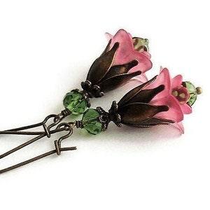 Pink and Olive Green Victorian Flower Earrings, Antique Brass Lightweight Dangles, Romantic Nature Jewelry, Hand Painted Botanical Earrings - Flowerhint