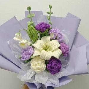 Purple bouquets, roses, crochet carnations, lily of the valley, handmade bouquets, crochet flowers, creative gifts, gifts for girlfriend - Flowerhint