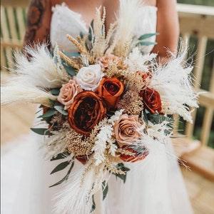 Pampas grass bouquet ,Burnt orange bouquet, ivory,beige ,bridal bridesmaids bouquet,beach wedding,boho bouquet, summer fall wedding - Flowerhint