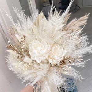 Boho wedding bouquet white and gold fluffy pampas grass bridal bouquet set - Flowerhint