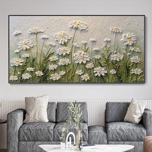 Spring Decor Modern White Plaster Style Canvas Oil Painting 3D White Daisy Texture Wall Art Green Plants Hand Knife Painting Custom - Flowerhint