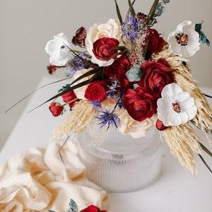Scottish thistle & burgundy ranunculus, peonies boho bridal bouquet / white anemone bouquet / red wedding bouquet / pampas grass bouquet - Flowerhint