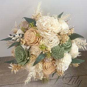 Wedding Bouquet, Bridal Bouquet, Sola Flower, Wedding Flower, Wooden Flower, Peach, Sage, Green, pampas, Dusty Rustic, Boho, Lily of Angeles - Flowerhint