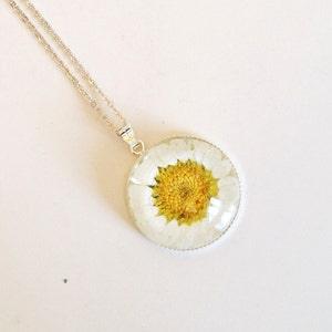 White Real Daisy Flower Necklace, Sunflower, Terrarium, Mori Girl, Botanical Woodland, Real Flower Pressed Dried Flower Pendant, Resin Glass - Flowerhint